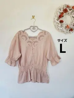 刺繍入り 五分袖ブラウス　ピンクベージュ　Lサイズ