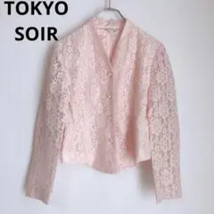 東京ソワール　ノーカラージャケット　総レース　パーティー　セレモニー　ピンク　M