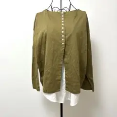 オリーブ色 ボタン付き長袖トップス　フリー
