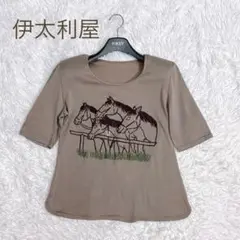 美品★伊太利屋★ホース柄 Tシャツ カットソー モカ サイズ 13(XL)