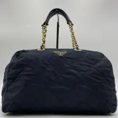 【極美品】PRADA トートバッグ キルティング チェーン ダークネイビー