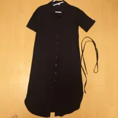 黒 半袖シャツワンピース ウエストリボン付き