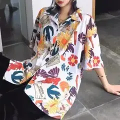 柄シャツ ホワイト ユニセックス シャツ 半袖 ひまわり 2XL 韓国