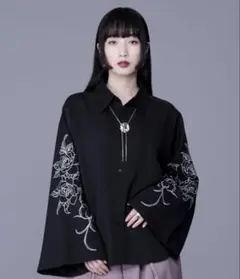 【エルノロゼット】 花刺繍フレアスリーブシャツ S 新品 ブラック