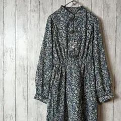 【未使用】花柄シャツワンピース 長袖 ダークブルー