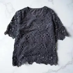【SALE】ダークグレー レース 半袖トップス 【古着】【中古】【送料無料】