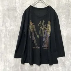 エジプト風　柄シャツ刺繍　長袖Tシャツ　ブラック　生地薄　婦人服　タグなし