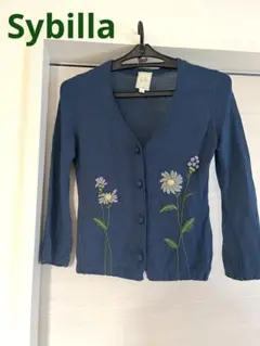Sybilla シビラダークブルー 花刺繍 Vネックカーディガン