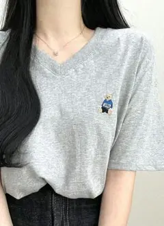 マゼンタ 刺繍 Tシャツ グレー フリー オーバーサイズ USAベア Vネック