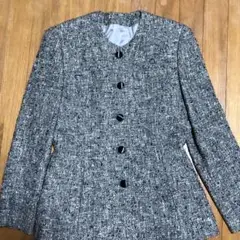 美品★ノーカラーツイードスーツ　グレー×ブラック M〜L ビジネスカジュアル