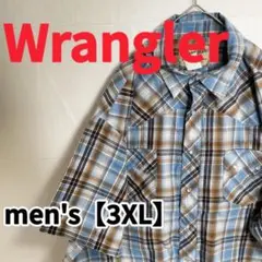 Y452【Wrangler】半袖チェック柄シャツ【3XL】ブルー