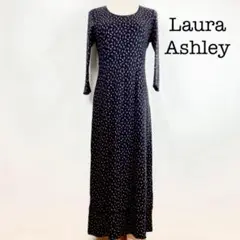 Laura Ashley ローラアシュレイ 7部丈 ワンピース 花柄 黒 M相当