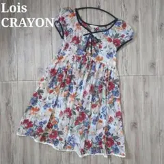 Lois CRAYON花柄シフォンフレアワンピースMリボン半袖プリーツ