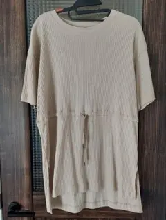 ベージュ リブ編み 半袖チュニック　Mサイズ