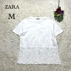ZARA　半袖Tシャツ　カットワーク　刺繍　ホワイト　ゆったり　カジュアル　M