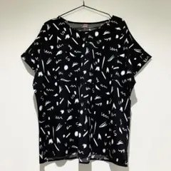 レディース トップス ペン 筆 柄シャツ ゆったり 半袖 ブラック