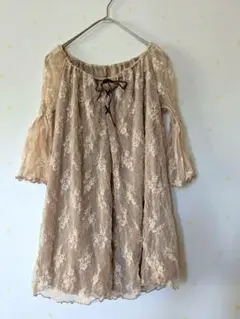 00s❋fairygrungeベージュ レース 五分袖 チュニック 韓国