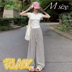 レディース ストライプ ワイドパンツ 薄手 体型カバー 楽ちん 韓国