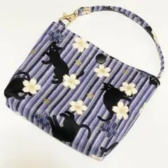 猫　桜　ストライプ柄　バッグポーチ　パープル　ハンドメイド