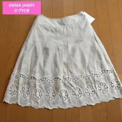 EMMAJAMES 刺繍入りベージュひざ丈スカート ウエスト64 リネン混
