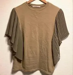 KBF ドレープ袖 半袖Tシャツ カーキブラウン 異素材 カットソー M