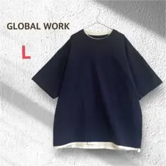 グローバルワーク メンズ Tシャツ L ネイビー シンプル レイヤード風 半袖