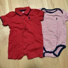 Ralph Lauren 赤色ポロシャツ&ストライプロンパース セット