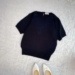 レディース　ニット　半袖　サマーニット　ネイビー　刺繍
