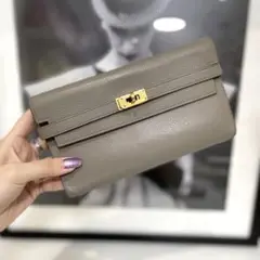 美品 エルメス ケリーウォレット ヴォーエプソン グレー C刻印