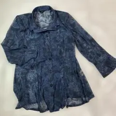 フラワープリントシフォンシャツ 長袖 ネイビー　M