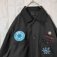 ワークシャツ ジャケット ワッペン刺繍 長袖 M ブラック