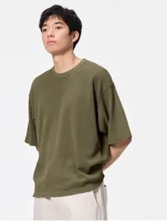 GU ウォッシュドワッフルボクシーT オリーブ (XLサイズ)