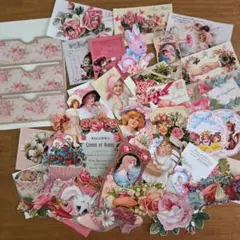ピンク　三連ポケットセット　コラージュ素材　ダイカット　ジャンクジャーナル