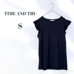 【美品】TIME AND TRUE フリル袖Tシャツ S カットソー ネイビー