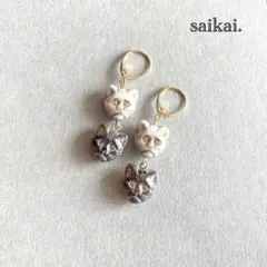 [973]チェコガラス猫2匹のピアス キャット ブラウン ホワイト ハンドメイド