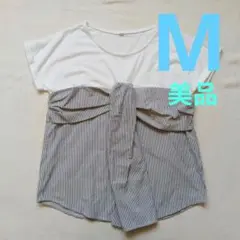 美品　リボン風 カジュアル半袖シャツ/異素材 Tシャツ 白　 ストライプ　M