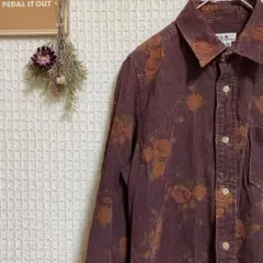 【C.L.N】コーデュロイシャツ 花柄 パープル 長袖 フロントボタン 古着