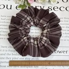 ハンドメイドシュシュ☆チョコブラウンタータンチェックシフォン