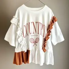 古着リメイク　再構築　Tシャツ　カットソー　ブリックカラー　テニス　フリル