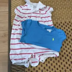 Ralph Lauren 赤白ストライプロンパースと青Tシャツセット 12M