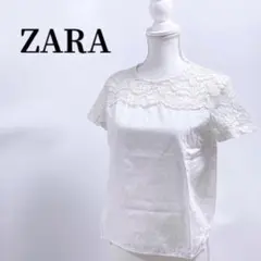 ZARAザラ花柄レース切替半袖ブラウスホワイト白Tシャツトップス人気