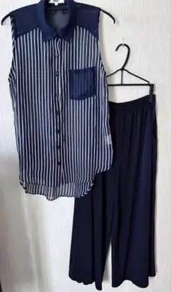 OZOCストライプシアーロングシャツ&coquleパンツ　セットアップ
