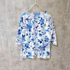 【美品】半袖シャツ カットソー 花柄 総柄 ブルー レディース Free