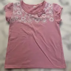 ピンク 花柄プリント リボン付き Tシャツ