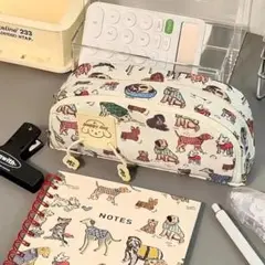 犬柄　わんちゃん　ペンケース　キャンバス　大容量　ダブルジッパー　ポーチ　①