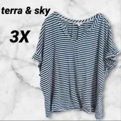 送料込❤terra & sky 【3X】ストライプ Vネック Tシャツ 紺