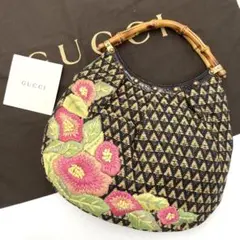 【美品 廃盤】グッチ ハンドバッグ トムフォード期 バンブー スタッズ 刺繍 黒