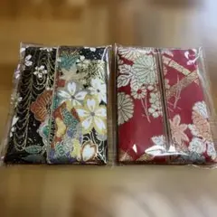 ハンドメイドポケットティッシュケース2点 和風花柄 黒 赤