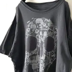 ドクロ 楽器 マイク ギター ステレオ Tシャツ グレー 灰色 古着