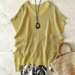 極美品＊レリアン コットン混メッシュニットカットソー L マスタード ゆったり